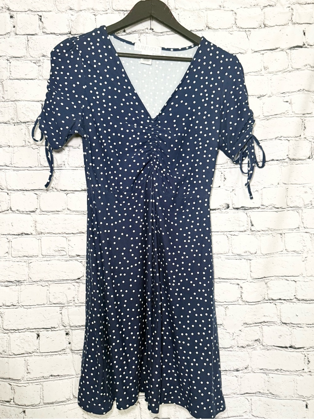 Dress. Polka Dot Navy V-Neck Midi Dress with Tie Sleeves. Size M